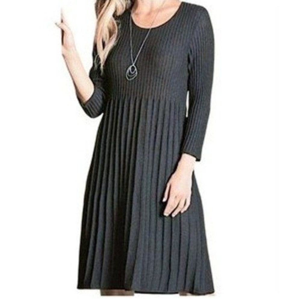 100% Wool Eileen Fisher Black Long Sleeve Pleated Midi Dress